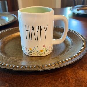 Happy Floral Ceramic Mug - White with Pastel Green Interior